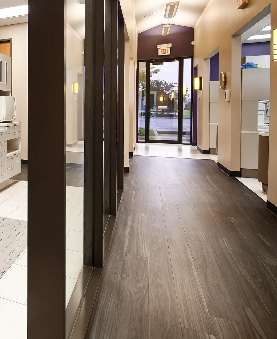 The corridor from the waiting room to the treatment rooms.